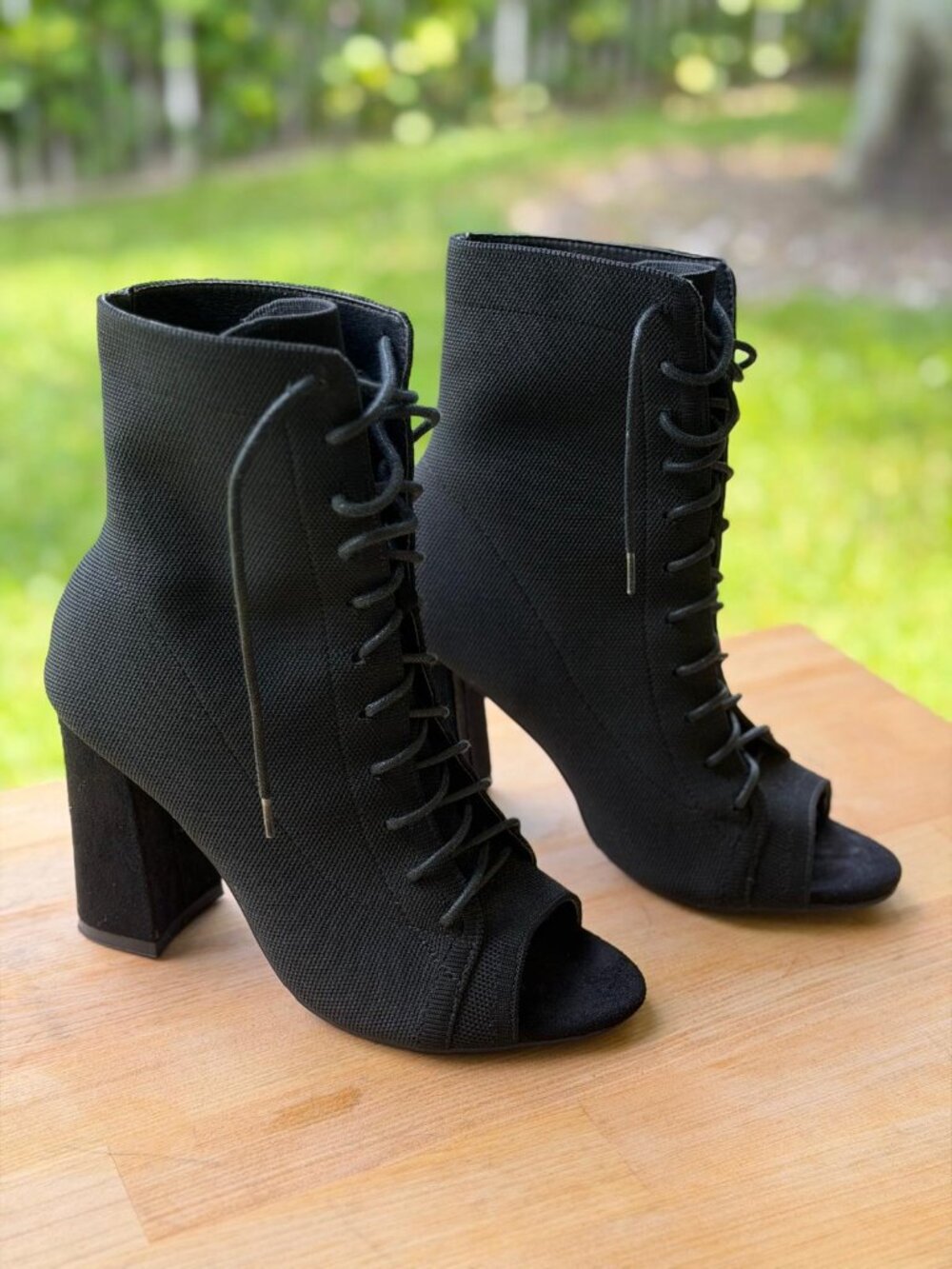 Lace-Up Open Toe Booties Black Stretch Knit Fabric